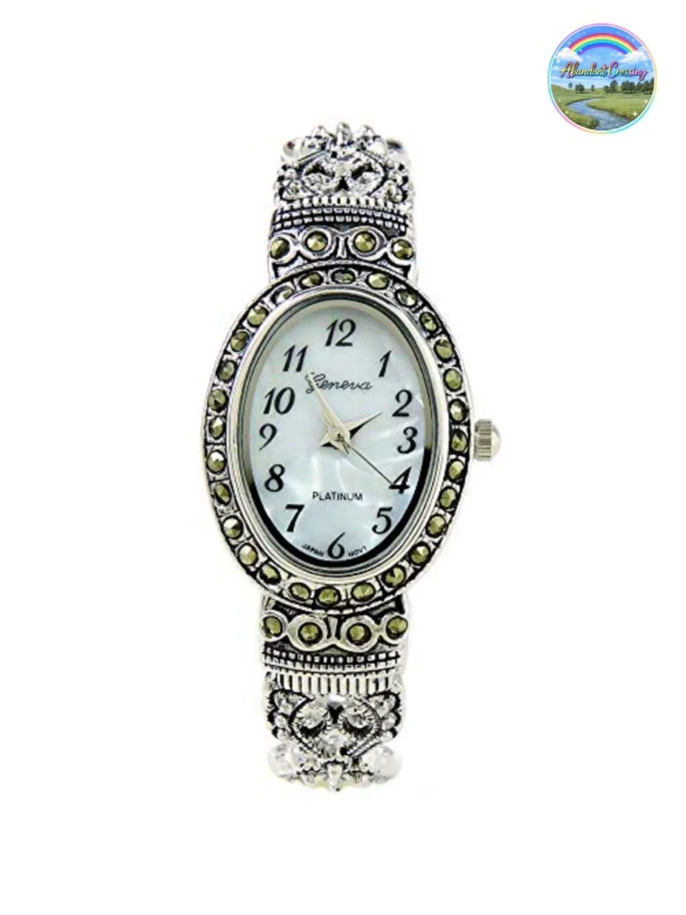 Vintage Marcasite Crystal Oval Bangle Cuff Watch, Japan Quartz, Stainless Steel